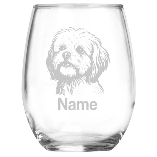 Personalized Maltese Breed Themed Stemless Wine Glass with Custom Name, Engraved Dog Lovers Gift, Unique Pet Owner Keepsake for Dog Mom or Dad