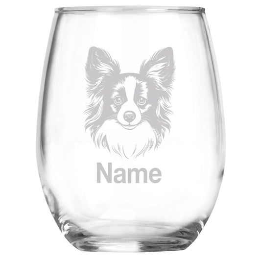 Personalized Papillon Breed Themed Stemless Wine Glass with Custom Name, Engraved Dog Lovers Gift, Unique Pet Owner Keepsake for Dog Mom or Dad