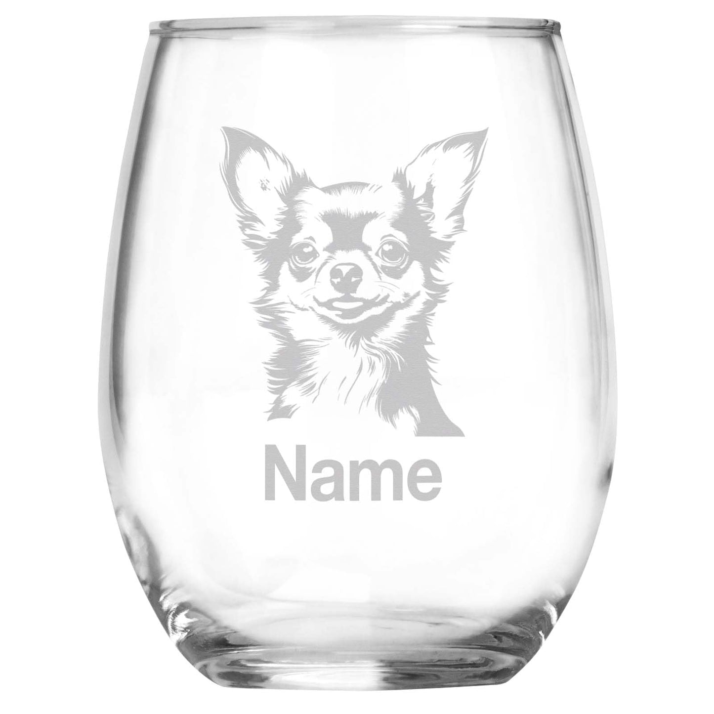 Personalized Chihuahua Breed Themed Stemless Wine Glass with Custom Name, Engraved Dog Lovers Gift, Unique Pet Owner Keepsake for Dog Mom or Dad