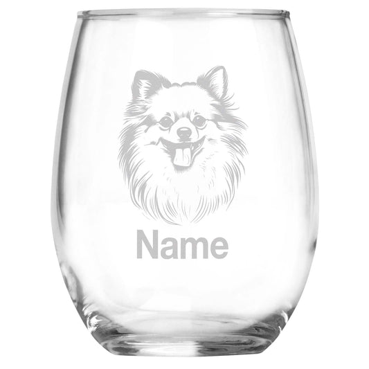 Personalized Pomeranian Breed Themed Stemless Wine Glass with Custom Name, Engraved Dog Lovers Gift, Unique Pet Owner Keepsake for Dog Mom or Dad