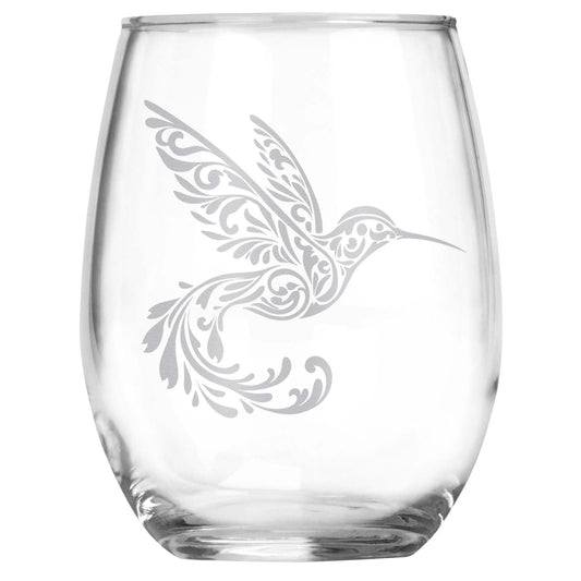 Hummingbird Stemless Wine Glass, Elegant Engraved Hummingbird with Floral Accents, Gift for Women, Nature Lovers & Bird Watchers, Unique Laser-Etched Hummingbird Gift for Mom