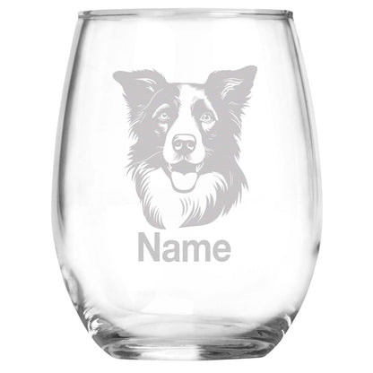 Personalized Border Collie Breed Themed Stemless Wine Glass with Custom Name, Engraved Dog Lovers Gift, Unique Pet Owner Keepsake for Dog Mom or Dad