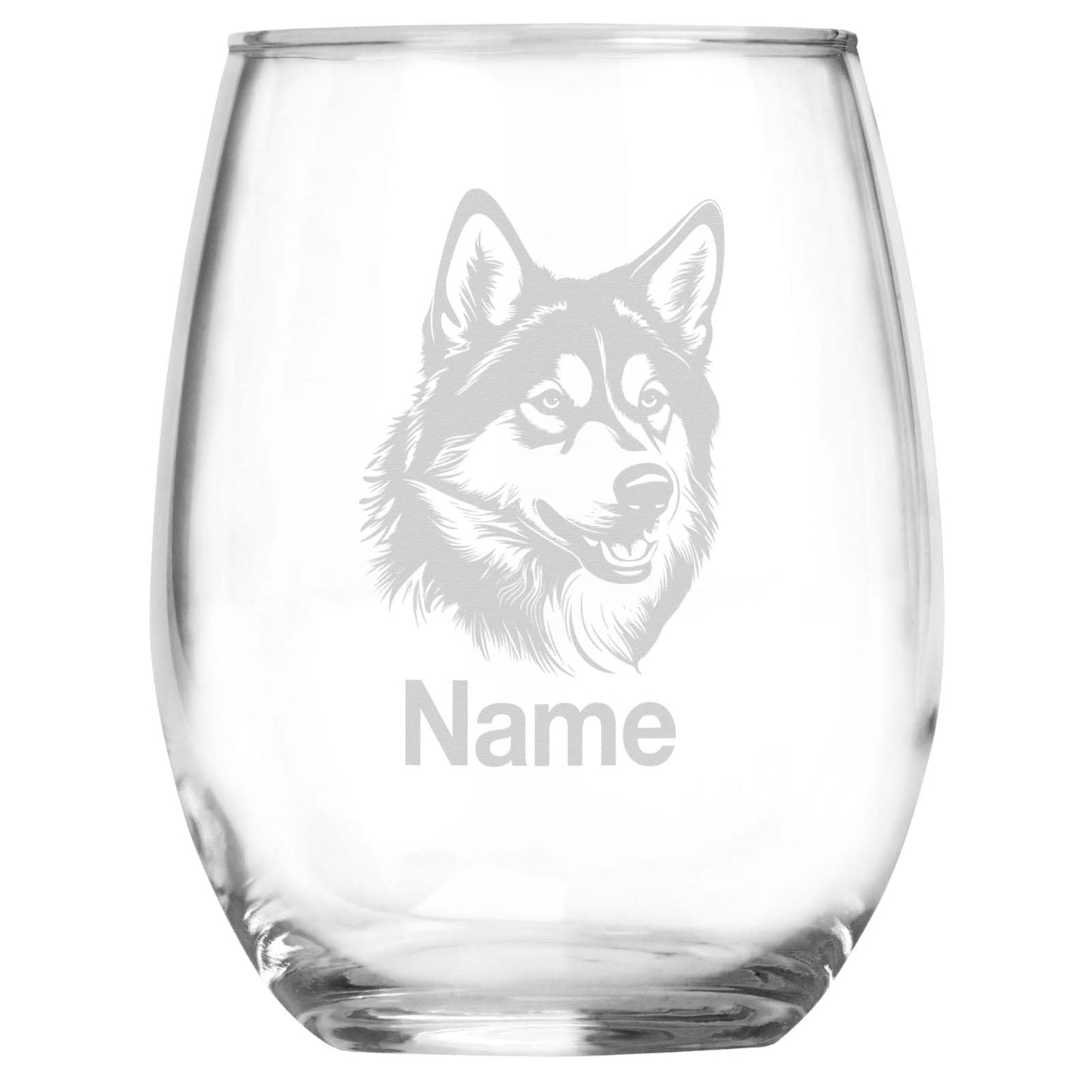 Personalized Siberian Husky Breed Themed Stemless Wine Glass with Custom Name, Engraved Dog Lovers Gift, Unique Pet Owner Keepsake for Dog Mom or Dad