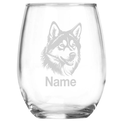 Personalized Siberian Husky Breed Themed Stemless Wine Glass with Custom Name, Engraved Dog Lovers Gift, Unique Pet Owner Keepsake for Dog Mom or Dad