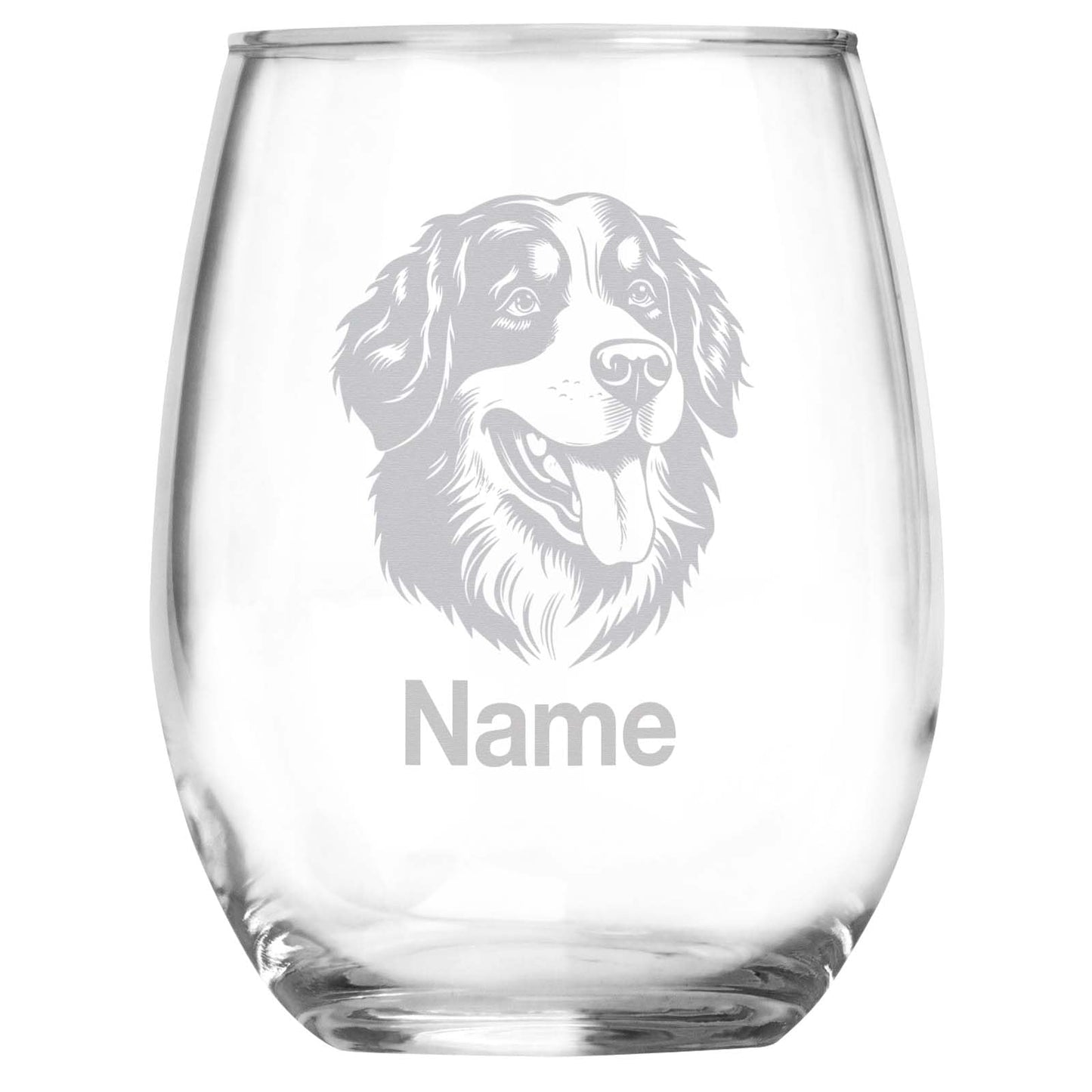 Personalized Bernese Mountain Dog Breed Themed Stemless Wine Glass with Custom Name, Engraved Dog Lovers Gift, Unique Pet Owner Keepsake for Dog Mom or Dad
