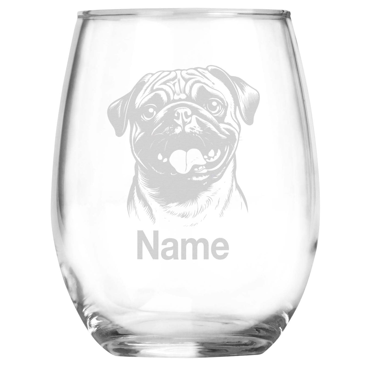 Personalized Pug Breed Themed Stemless Wine Glass with Custom Name, Engraved Dog Lovers Gift, Unique Pet Owner Keepsake for Dog Mom or Dad