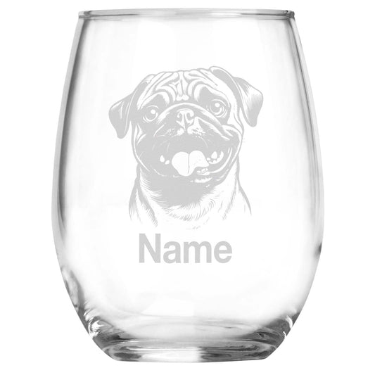 Personalized Pug Breed Themed Stemless Wine Glass with Custom Name, Engraved Dog Lovers Gift, Unique Pet Owner Keepsake for Dog Mom or Dad