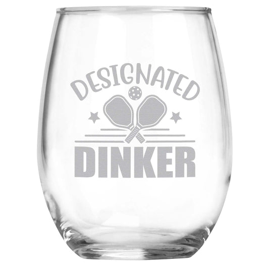 Pickleball Gifts for Women and Men, Funny Pickleball Gifts, Designated Dinker Engraved Stemless Wine Glass, Gift for Pickleball Players