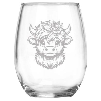Highland Cow Floral Engraved Wine Glass, Unique Highland Cow Lover Gift, Rustic Farmhouse Decor