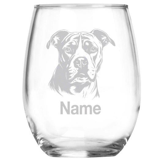 Personalized Pitbull Breed Themed Stemless Wine Glass with Custom Name, Engraved Dog Lovers Gift, Unique Pet Owner Keepsake for Dog Mom or Dad