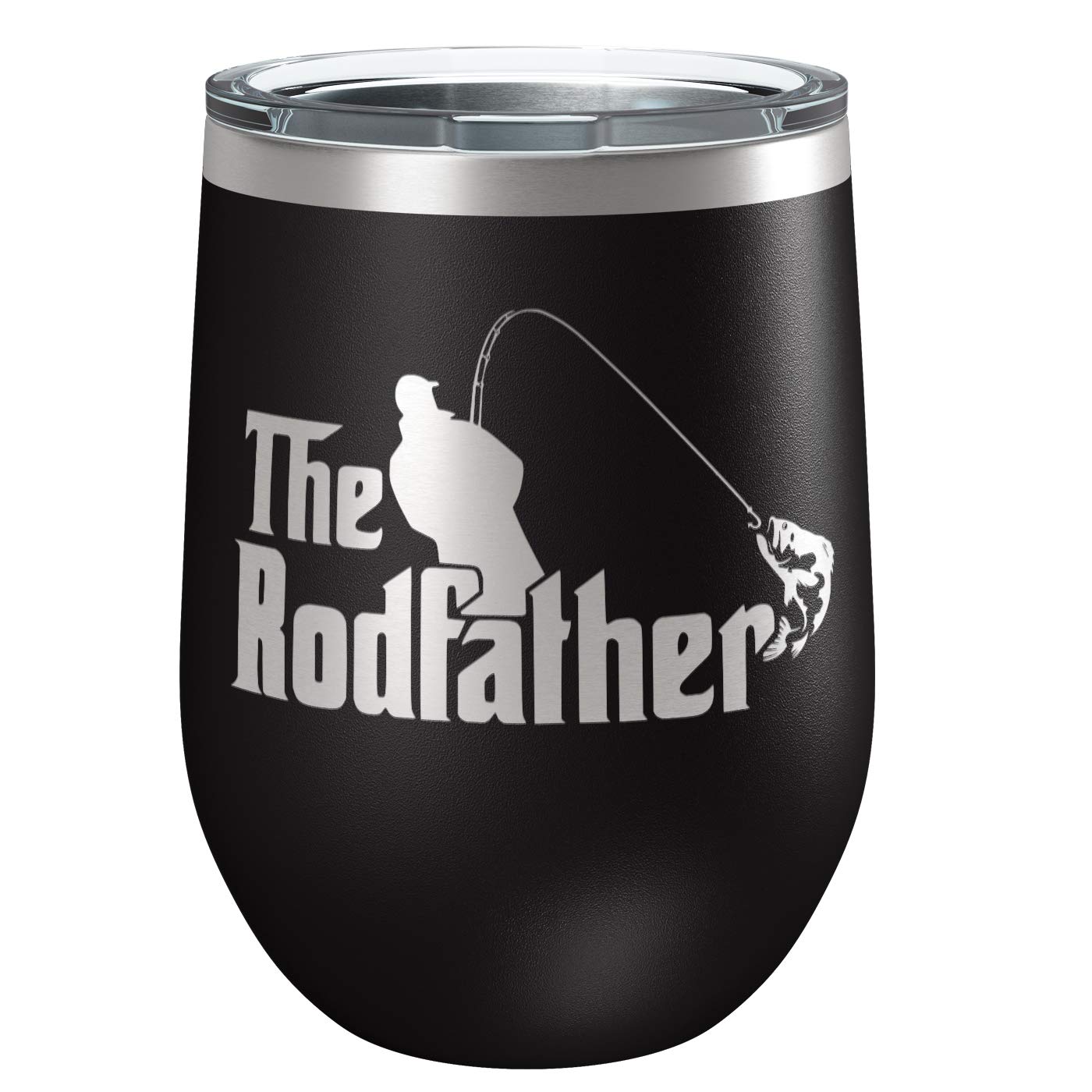 The RodFather | Insulated Stainless Steel Wine Tumbler with Lid | Cup for Hot and Cold Drinks with Graphics | Great Gift for Dad | Gift for Fisherman Funny |12 oz Matte Black | By Laser Etchpressions