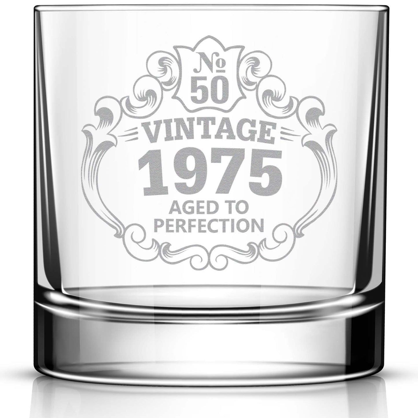 50th Birthday Engraved Whiskey Glass • Custom Engraved Rocks Glass • Vintage 1975 Aged to Perfection 11oz Old Fashioned Cocktail Glass • Great Gift for Him and Her