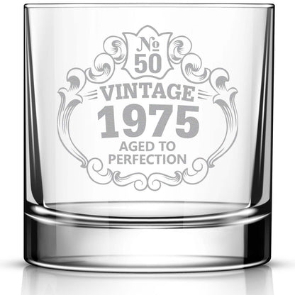 50th Birthday Engraved Whiskey Glass • Custom Engraved Rocks Glass • Vintage 1975 Aged to Perfection 11oz Old Fashioned Cocktail Glass • Great Gift for Him and Her
