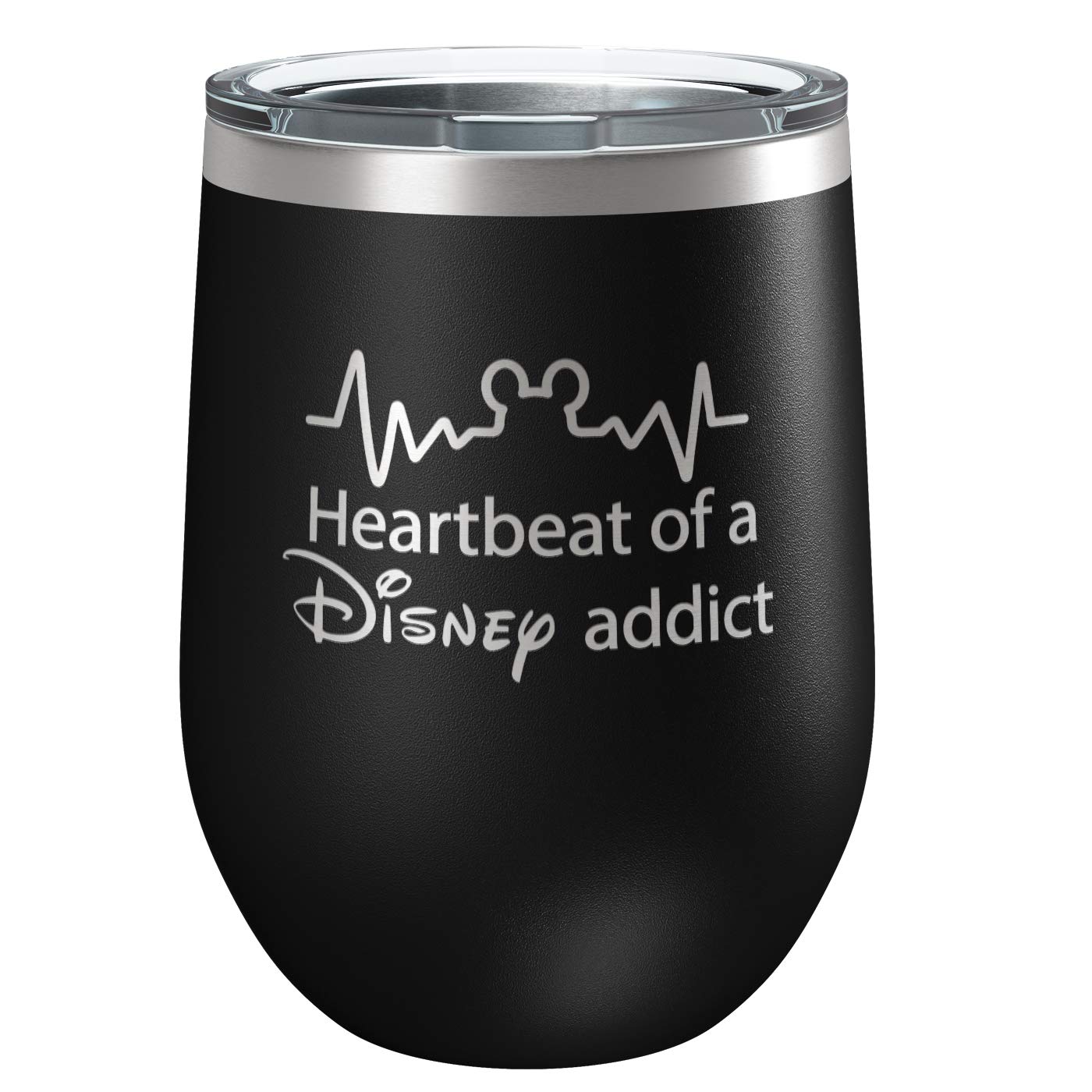 Funny Disney-Inspired Stainless Steel Wine Tumbler with Lid | Vacuum Insulated Mug | Mickey Mouse Fan | Humorous Birthday | Housewarming Gift | Heartbeat of a Disney Addict (Black)