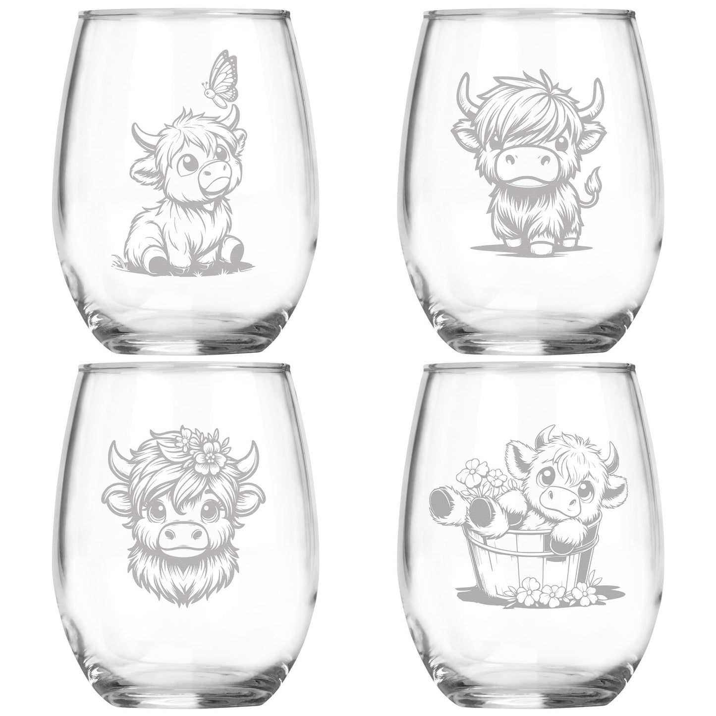 Highland Cow Collection, Set of 4 Engraved Wine Glass, Unique Highland Cow Lover Gift, Rustic Farmhouse Decor
