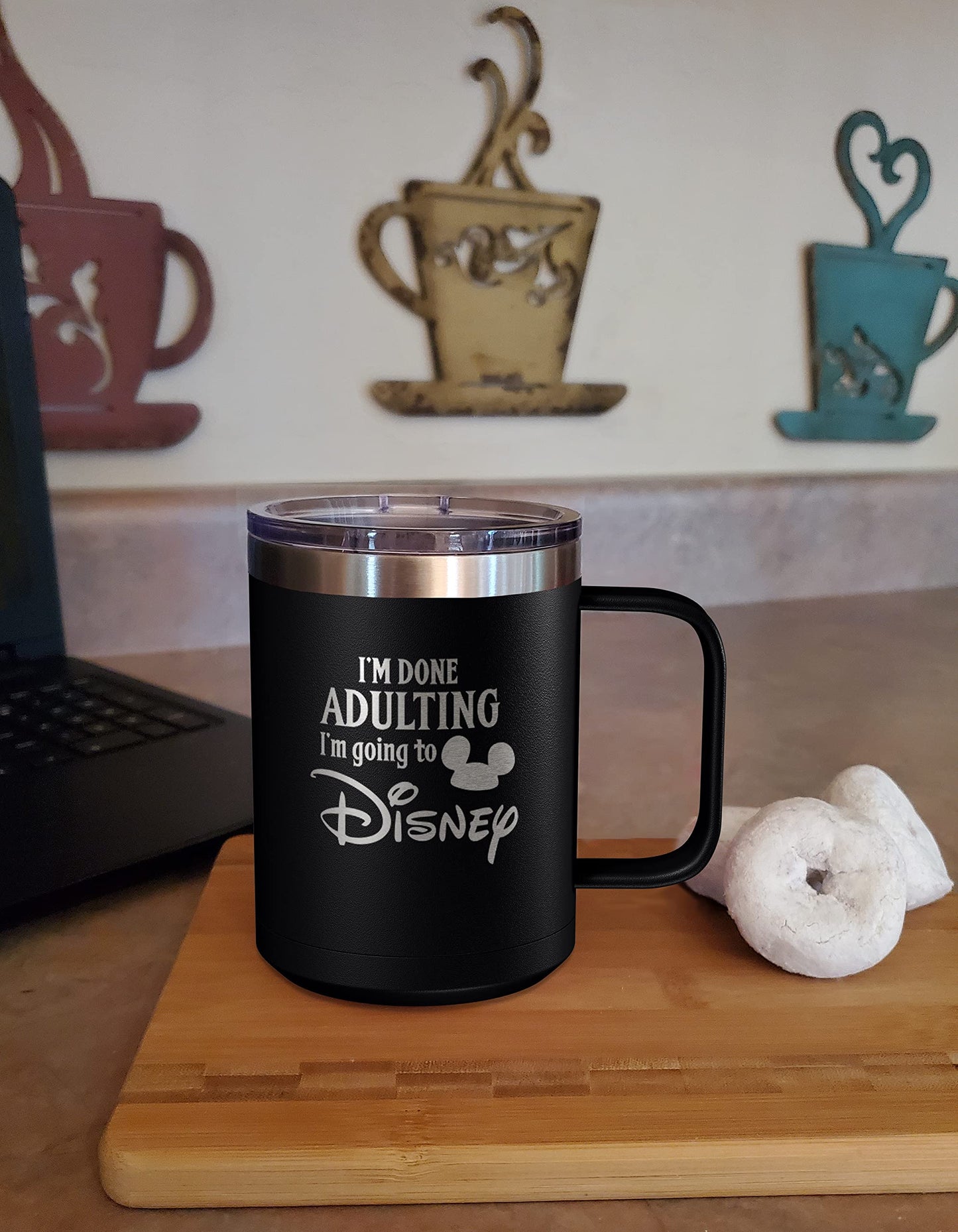 I'm Done Adulting I'm Going to Disney 15oz Engraved Insulated Coffee Mug, Disney-Inspired Stainless Steel Tumbler with Lid, Christmas, Birthday, Mother's/Father's Day Gift, by Laser Etchpressions (Black)