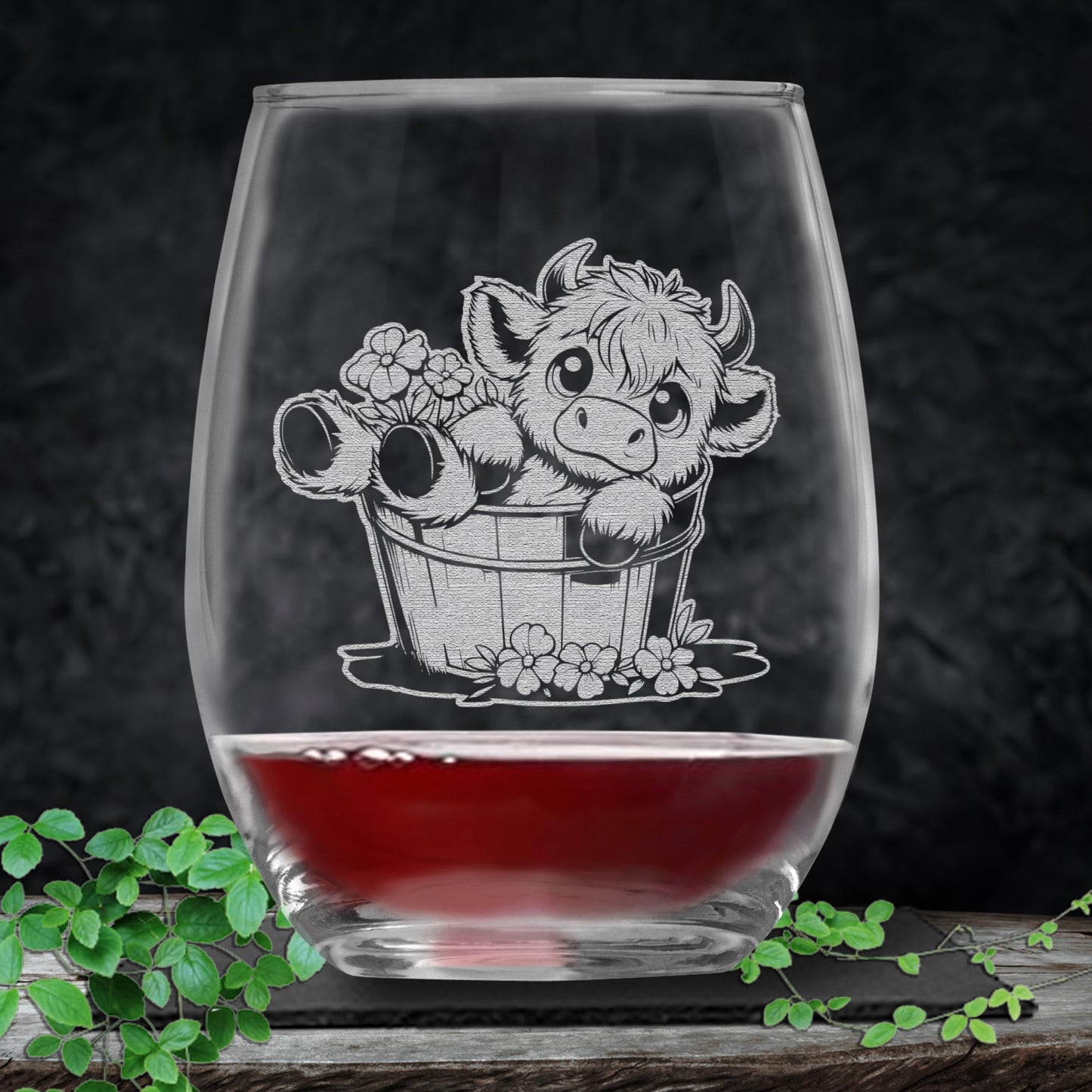 Highland Cow in Bucket Engraved Wine Glass, Unique Highland Cow Lover Gift, Rustic Farmhouse Decor