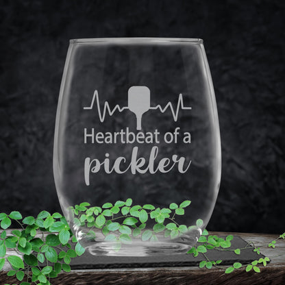 Pickleball Gifts for Women and Men, Heartbeat Of A Pickler Engraved Stemless Wine Glass, Funny Pickleball Player Gifts