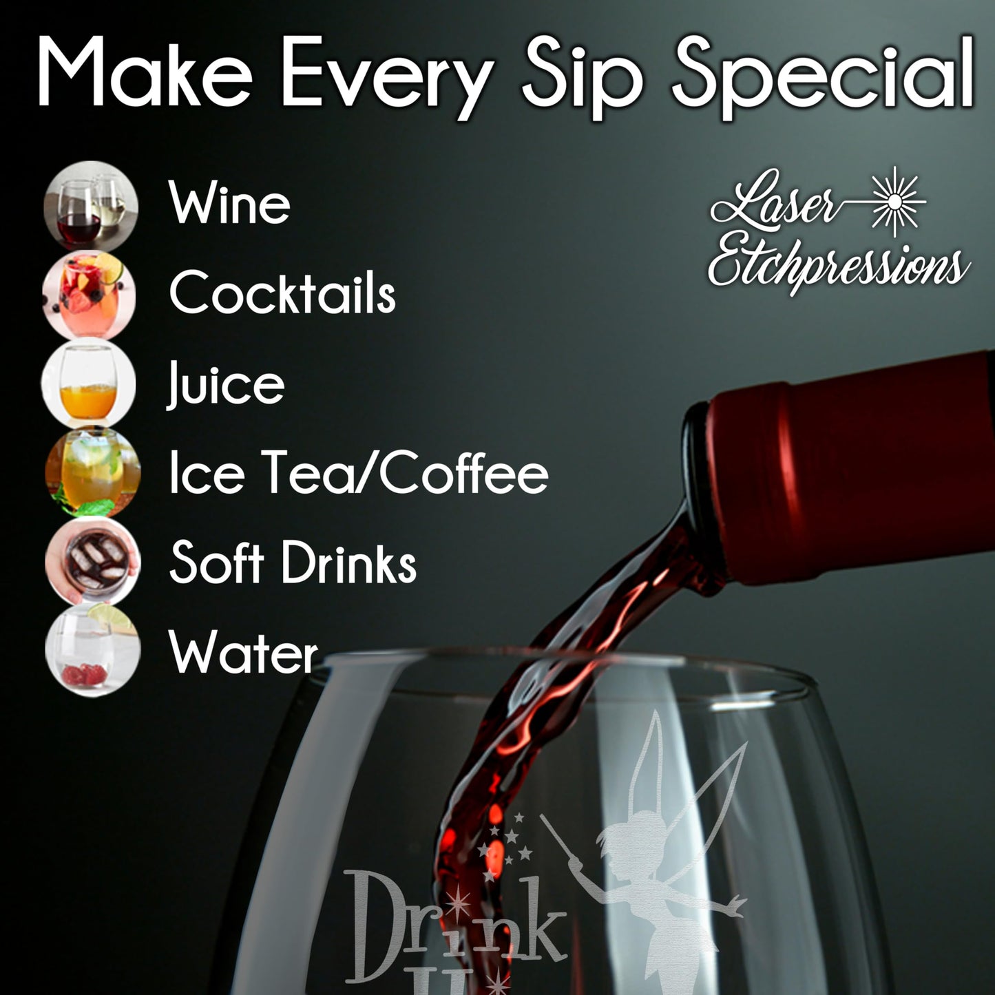Drink Happy Thoughts Engraved Wine Glass • Fairy Gifts • Princess Wine Glasses • Funny Unique Birthday, Christmas, Mother's Day, Anniversary, Graduation Gift