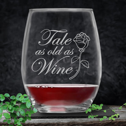 Tale as Old as Wine Engraved Wine Glass – Romantic Rose Glass for Fairytale & Wine Lovers, Gifts for Women, Weddings, and Anniversaries, Unique Birthday, Christmas Gift