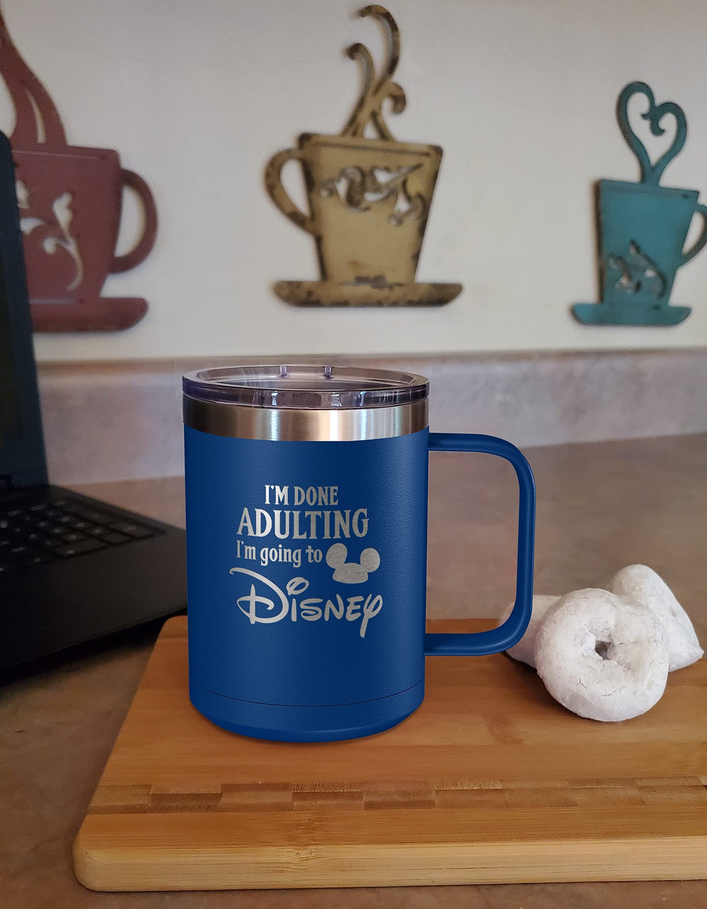 I'm Done Adulting I'm Going to Disney 15oz Engraved Insulated Coffee Mug, Disney-Inspired Stainless Steel Tumbler with Lid, Christmas, Birthday, Mother's/Father's Day Gift, by Laser Etchpressions (Blue)