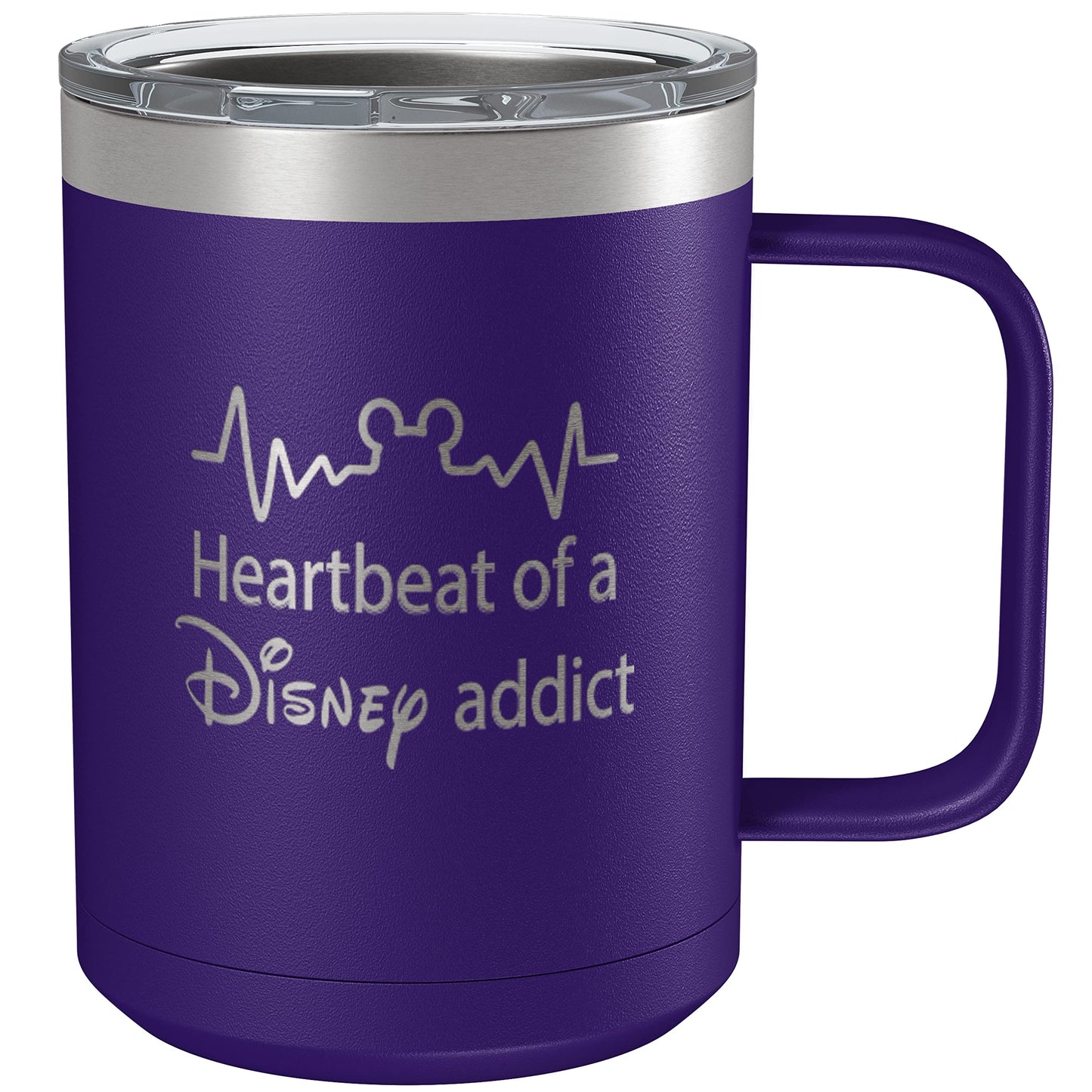 Heartbeat of a Disney Addict 15oz Engraved Insulated Coffee Mug, Disney-Inspired Stainless Steel Tumbler with Lid, Christmas, Birthday, Mother's/Father's Day Gift, by Laser Etchpressions (Purple)