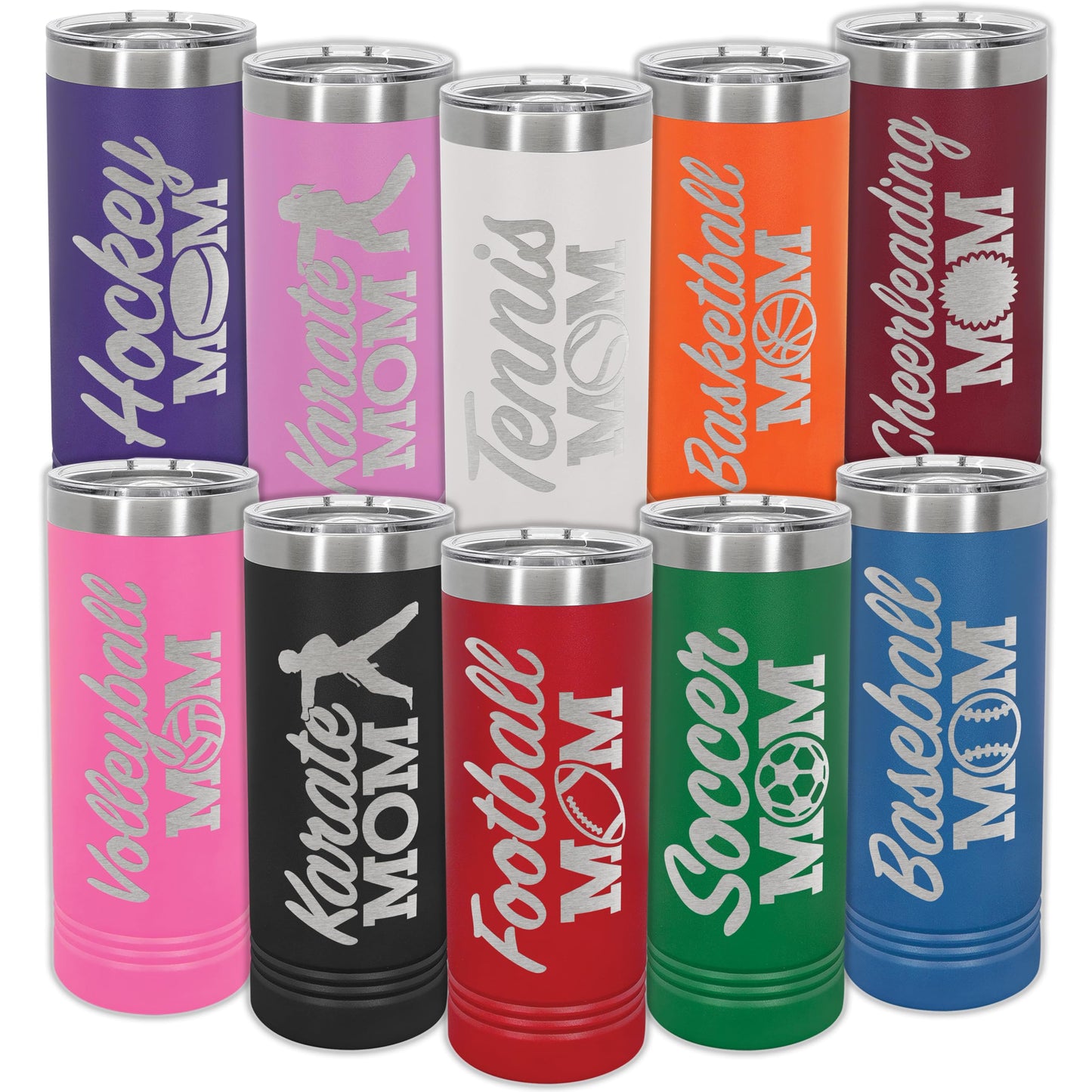 Personalized Sports Mom Tumbler Cup • Customized Cups for Mom • 22oz Insulated Stainless Steel • Custom Engraved Tumbler with Slider Lid and Straw • Choice of 17 Colors