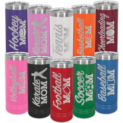 Personalized Sports Mom Tumbler Cup • Customized Cups for Mom • 22oz Insulated Stainless Steel • Custom Engraved Tumbler with Slider Lid and Straw • Choice of 17 Colors