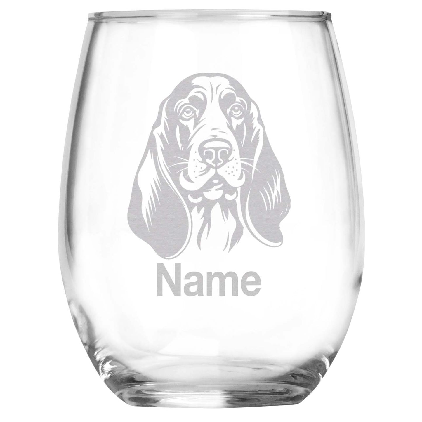 Personalized Basset Hound Breed Themed Stemless Wine Glass with Custom Name, Engraved Dog Lovers Gift, Unique Pet Owner Keepsake for Dog Mom or Dad