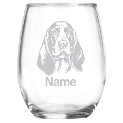 Personalized Basset Hound Breed Themed Stemless Wine Glass with Custom Name, Engraved Dog Lovers Gift, Unique Pet Owner Keepsake for Dog Mom or Dad