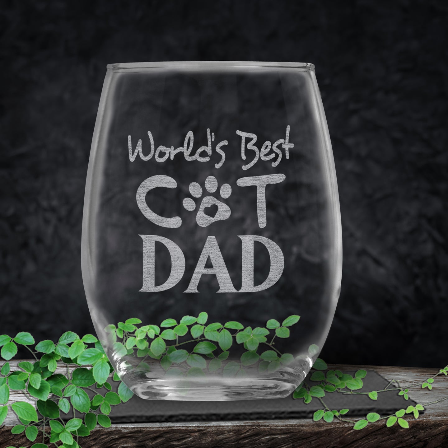 World's Best Cat Dad Stemless Wine Glass | Present for Grandpa, Father, Son, Brother, Uncle | Birthday | Christmas