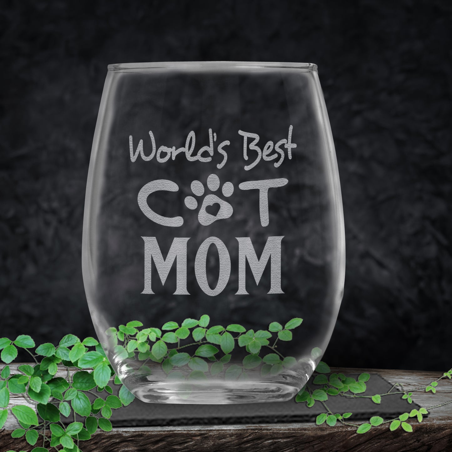 World's Best Cat Mom Stemless Engraved Wine Glass • Present for Mom • Birthday • Mother's Day • Sister • Aunt • Cat Lover Gift