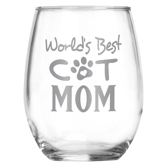 World's Best Cat Mom Stemless Engraved Wine Glass • Present for Mom • Birthday • Mother's Day • Sister • Aunt • Cat Lover Gift