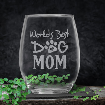 World's Best Dog Mom Stemless Wine Glass | Present for Grandma, Mother, Daughter, Sister, Aunt | Birthday | Christmas
