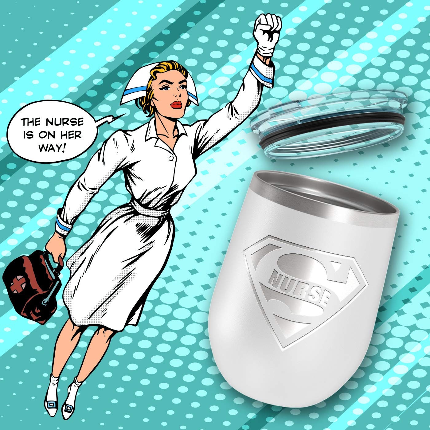 Super Nurse | Insulated Stainless Steel Wine Tumbler with Lid | Cup for Hot and Cold Drinks with Graphics | Nurse RN LVN Gift | 12 oz White