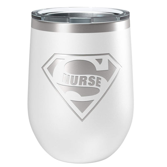 Super Nurse | Insulated Stainless Steel Wine Tumbler with Lid | Cup for Hot and Cold Drinks with Graphics | Nurse RN LVN Gift | 12 oz White