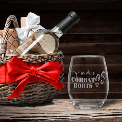 My Hero Wears Combat Boots Stemless Wine Glass - Engraved Gift for Military • Present for Him or Her • Army, Marines, Navy, Air Force