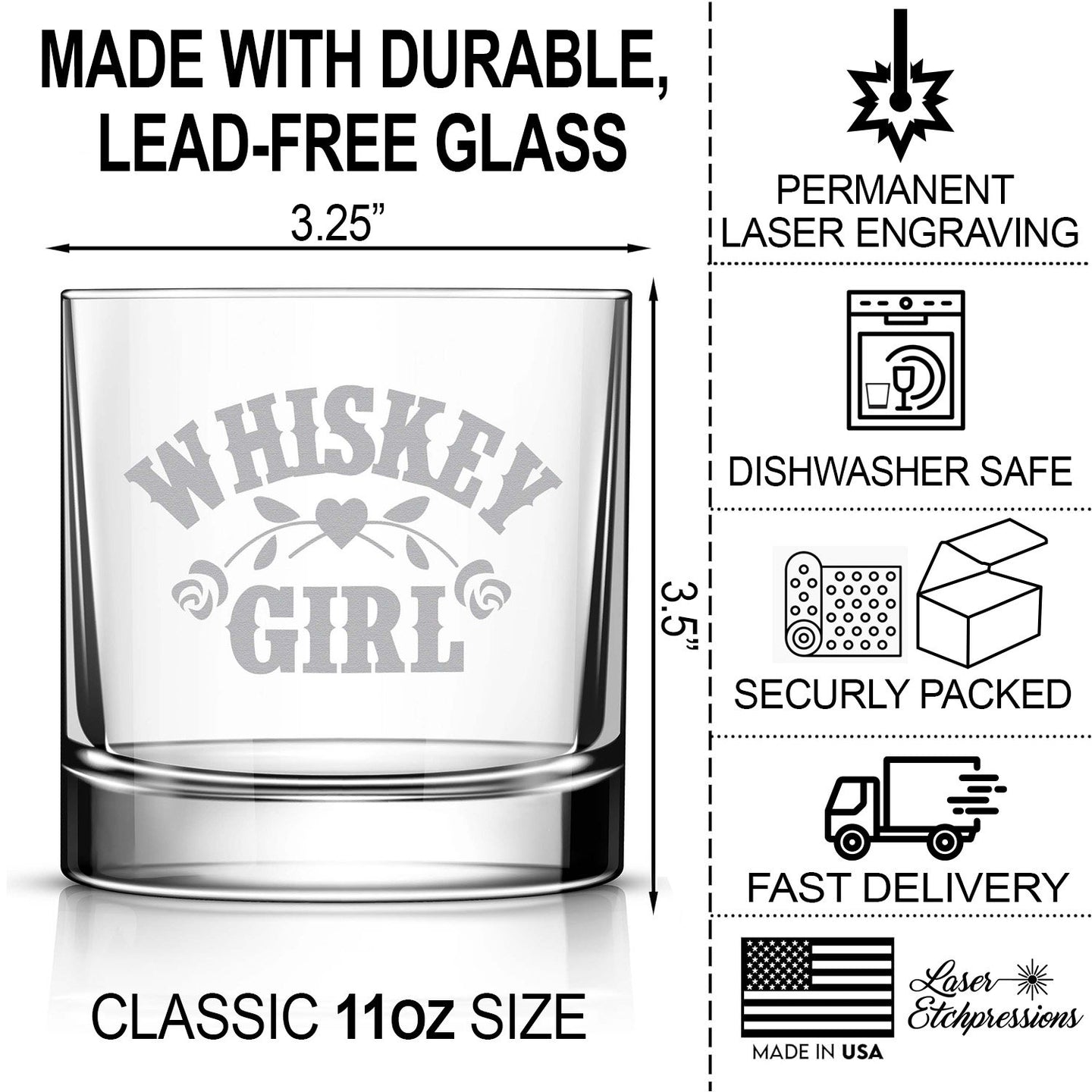 Engraved Whiskey Glass for Women • Rocks Glass for Wife • 11oz Old Fashioned Cocktail Whiskey Girl Glass • Great Gift for Her