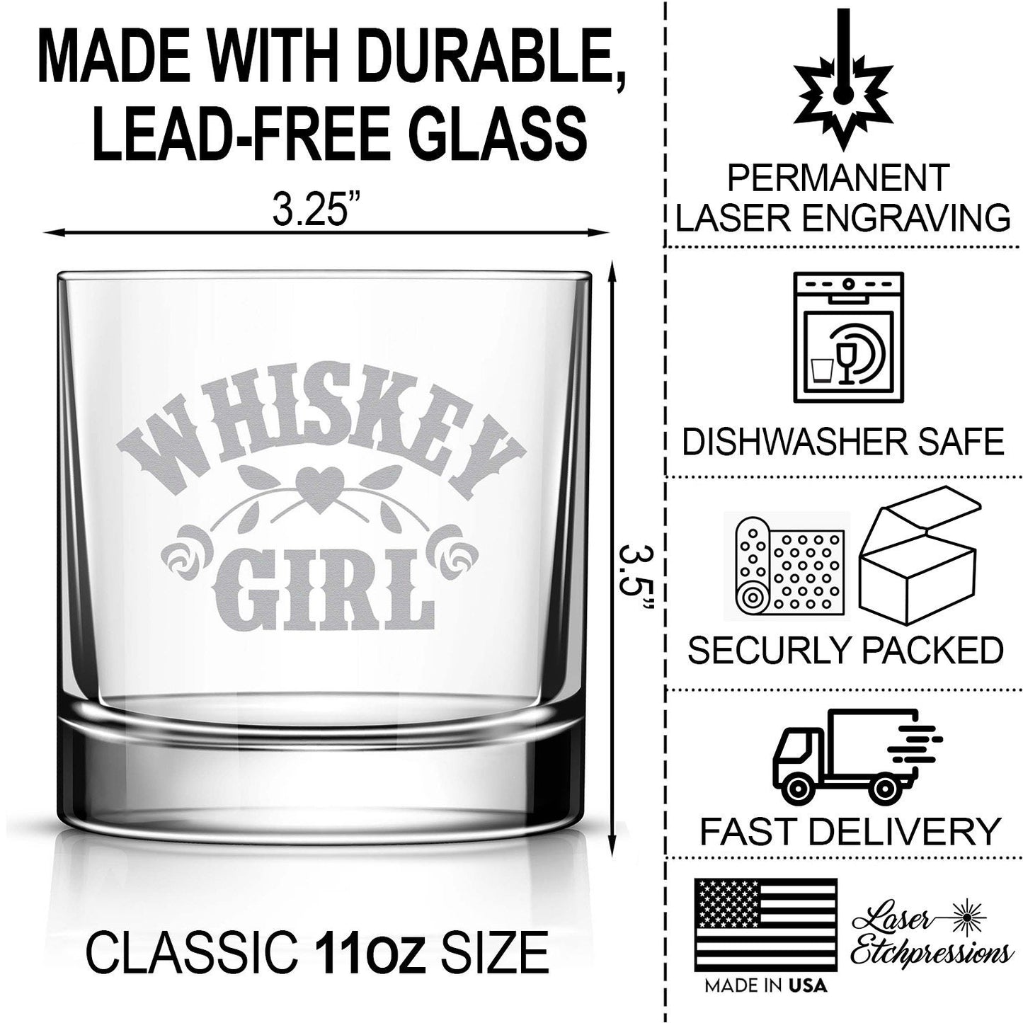 Gift for Whiskey Drinkers • Engraved Whiskey Glass for Women • Rocks Glass for Wife • 11oz Old Fashioned Cocktail Whiskey Girl Glass