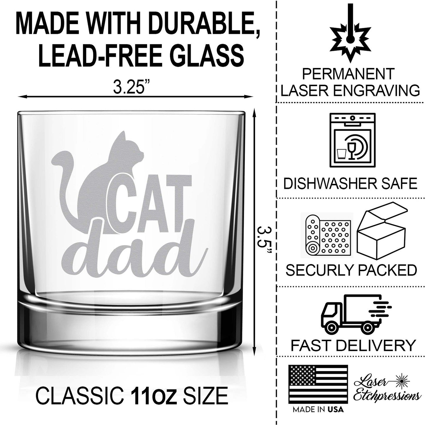 Cat Dad Engraved Whiskey Glass • 11oz Old Fashioned Cocktail Rocks Glass for Dad • Great Gift for Father, Grandfather, Husband, Son, Friend