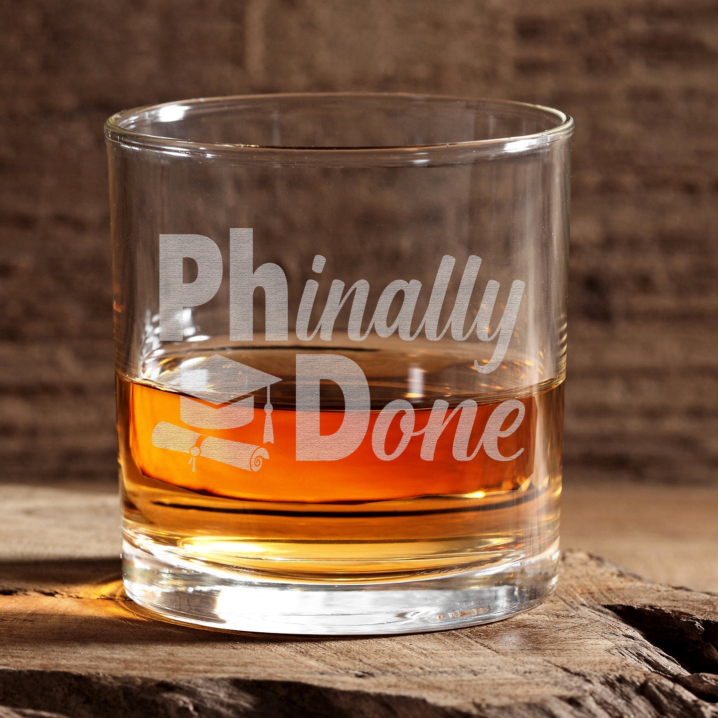 PHianlly Done Engraved Whiskey Glass • Funny Phd Graduation Gift for Him or Her • Unique 11oz Rocks Glass for University Graduation