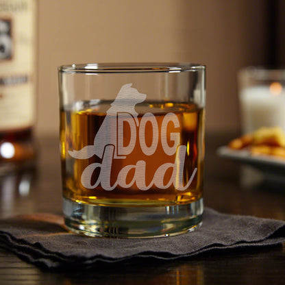 Dog Dad Engraved Whiskey Glass • 11oz Old Fashioned Cocktail Rocks Glass for Dad • Great Gift for Father, Grandfather, Husband, Son, Friend