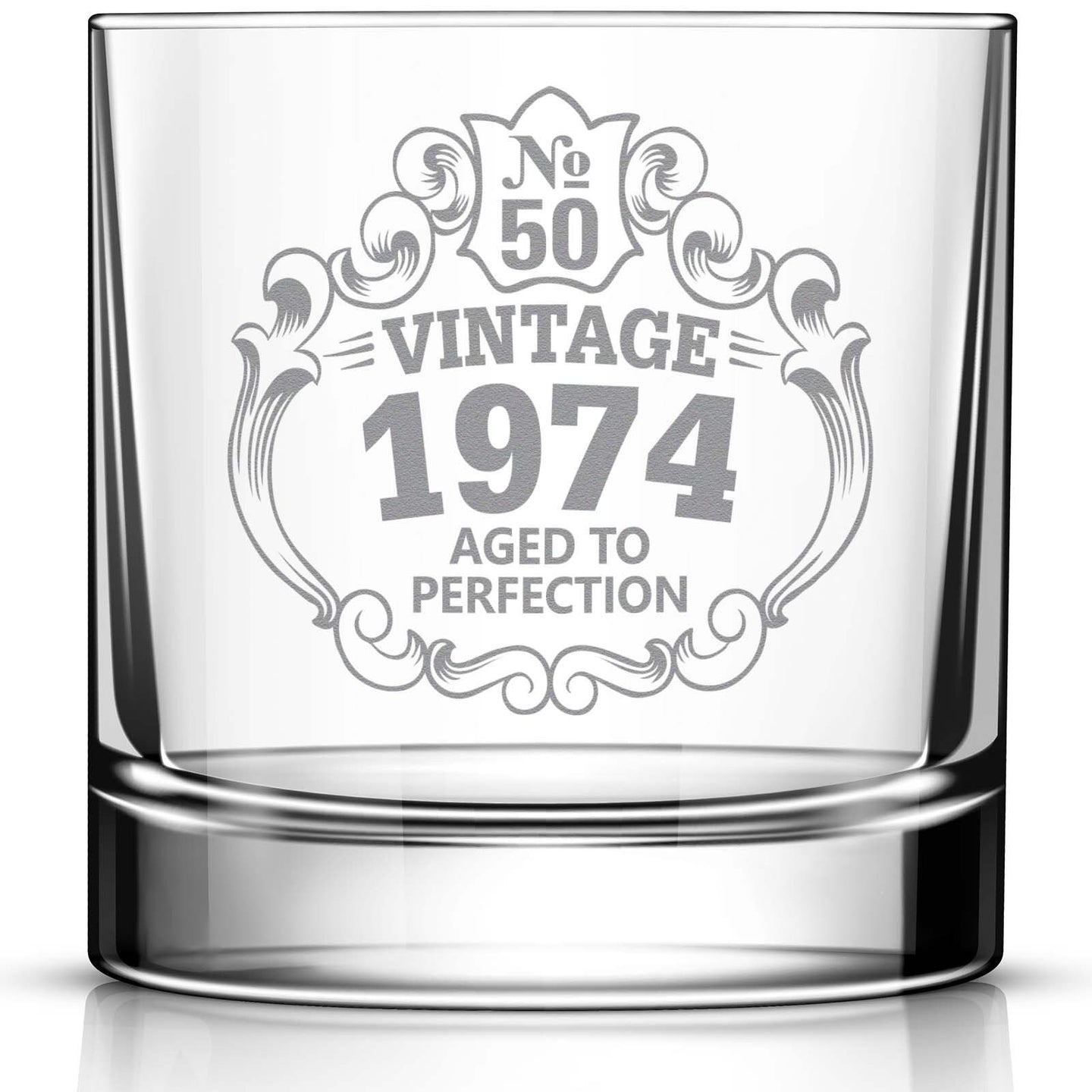 50th Birthday Engraved Whiskey Glass • Custom Engraved Rocks Glass • Vintage 1974 Aged to Perfection 11oz Old Fashioned Cocktail Glass