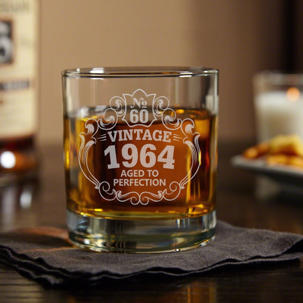 60th Birthday Engraved Whiskey Glass • Custom Engraved Rocks Glass • Vintage 1964 Aged to Perfection 11oz Old Fashioned Cocktail Glass