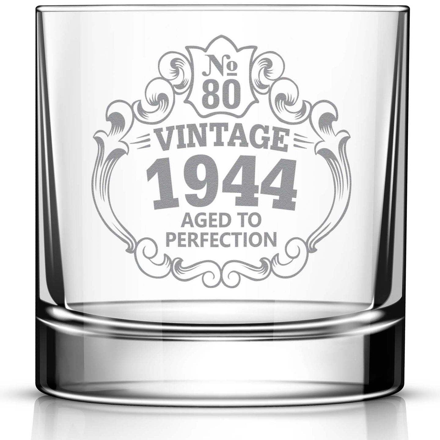 80th Birthday Engraved Whiskey Glass • Custom Engraved Rocks Glass • Vintage 1944 Aged to Perfection 11oz Old Fashioned Cocktail Glass