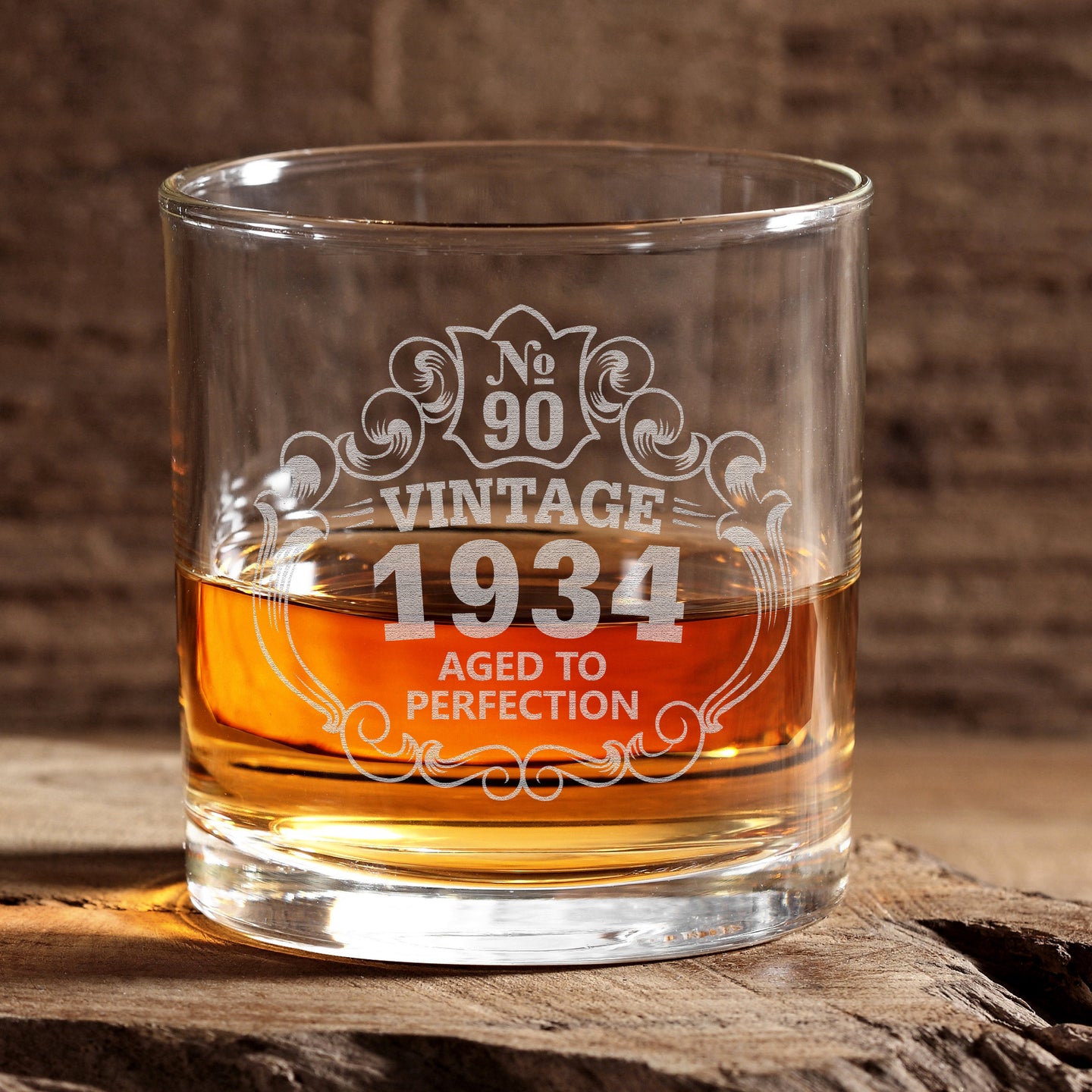 90th Birthday Engraved Whiskey Glass • Custom Engraved Rocks Glass • Vintage 1934 Aged to Perfection 11oz Old Fashioned Cocktail Glass