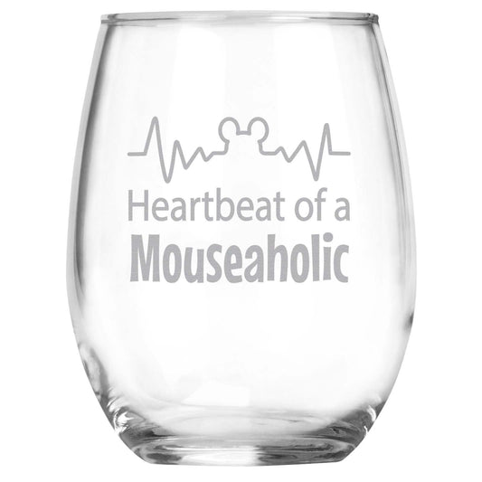 Heartbeat of a Mouseaholic Engraved Stemless Wine Glass • Funny Unique Birthday, Christmas, Mother's Day, Father's Day, Graduation Gift