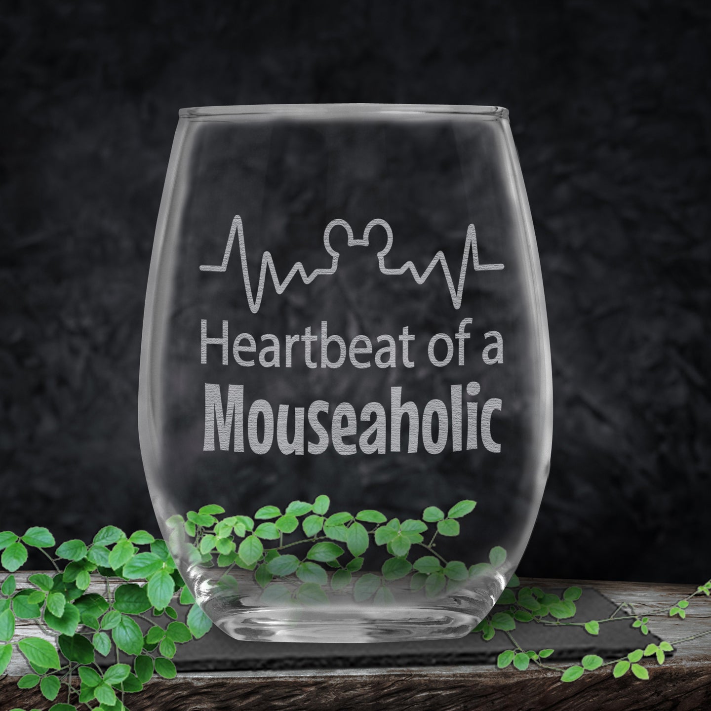 Heartbeat of a Mouseaholic Engraved Stemless Wine Glass • Funny Unique Birthday, Christmas, Mother's Day, Father's Day, Graduation Gift