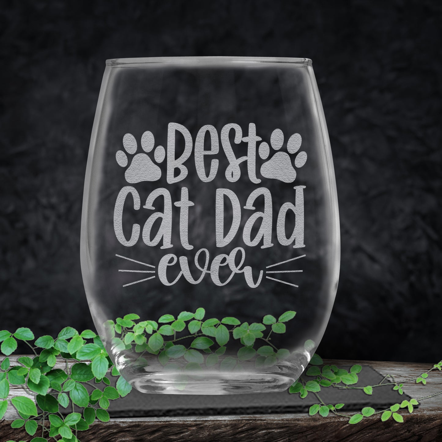 Best Cat Dad Ever Engraved 15oz Stemless Wine Glass for Cat Owner