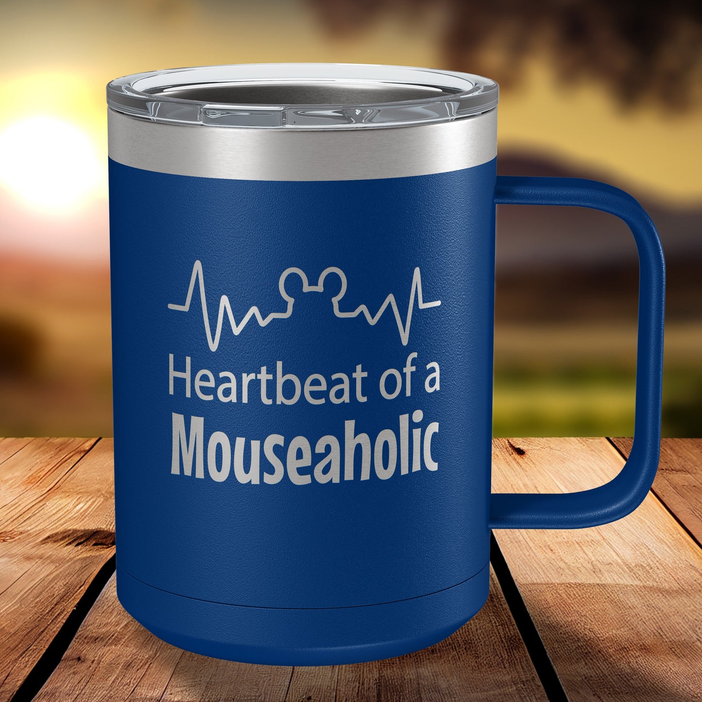 Heartbeat of a Mouseaholic 15oz Engraved Insulated Coffee Mug with Slider Lid • Funny Tumbler for Women-Men • Happiest Place on Earth Fans